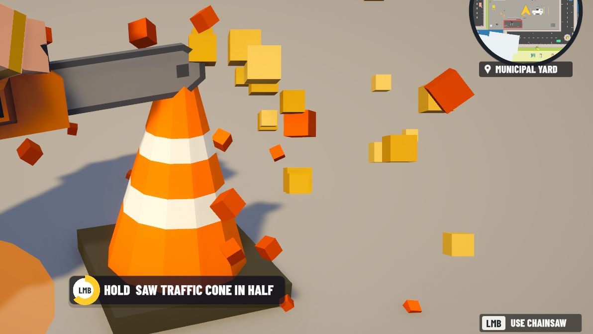 Chainsaw cutting through a traffic cone, orange chunks flying