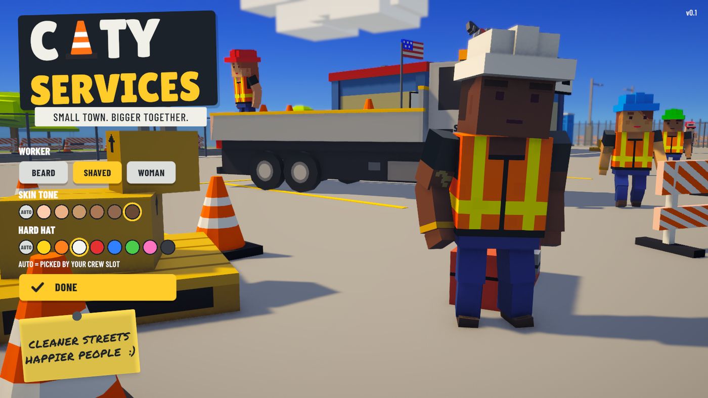 Crew customization screen with worker, skin tone and hard hat color options