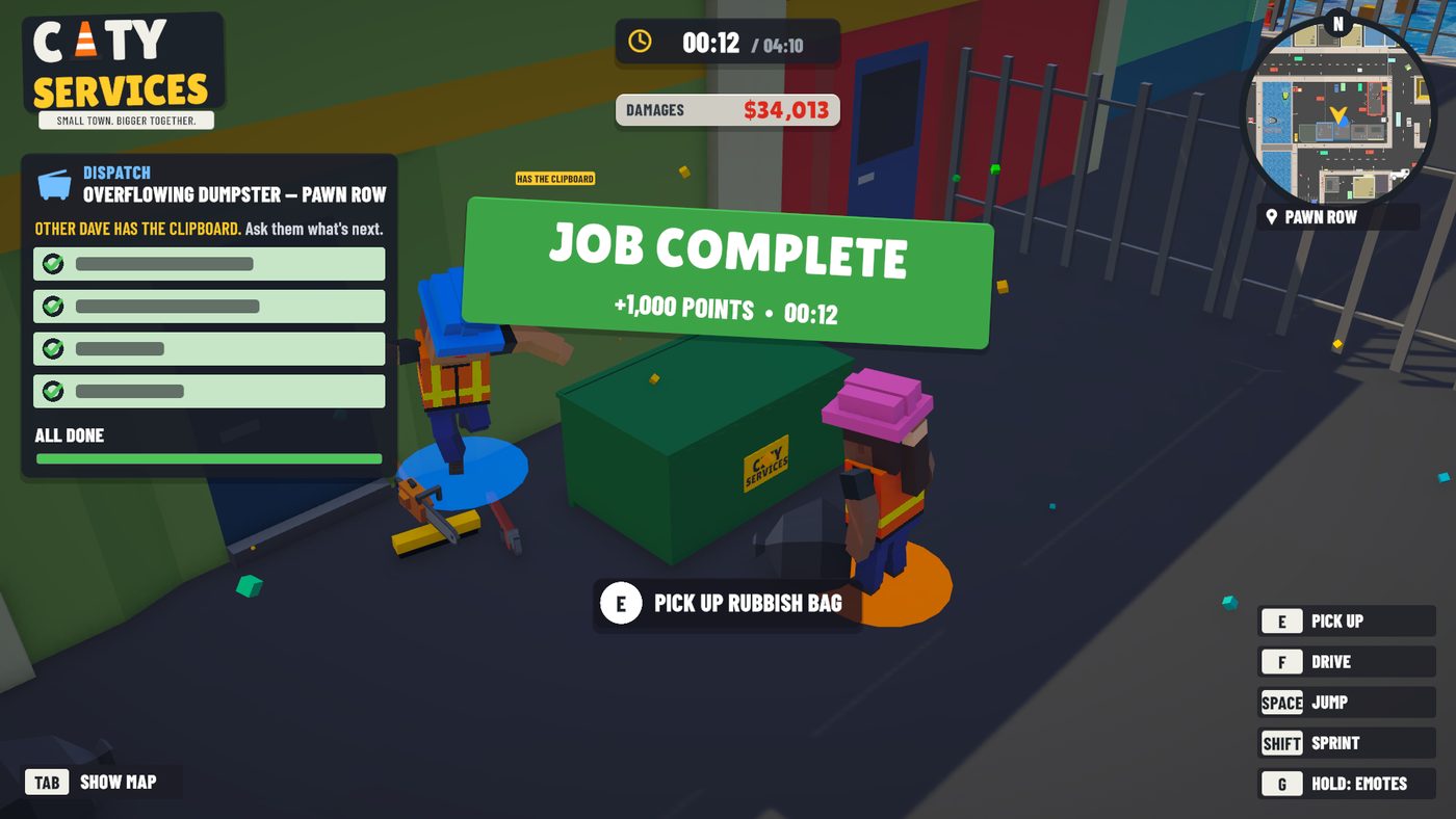 Job complete banner at the dumpster behind the Pawn Row shops