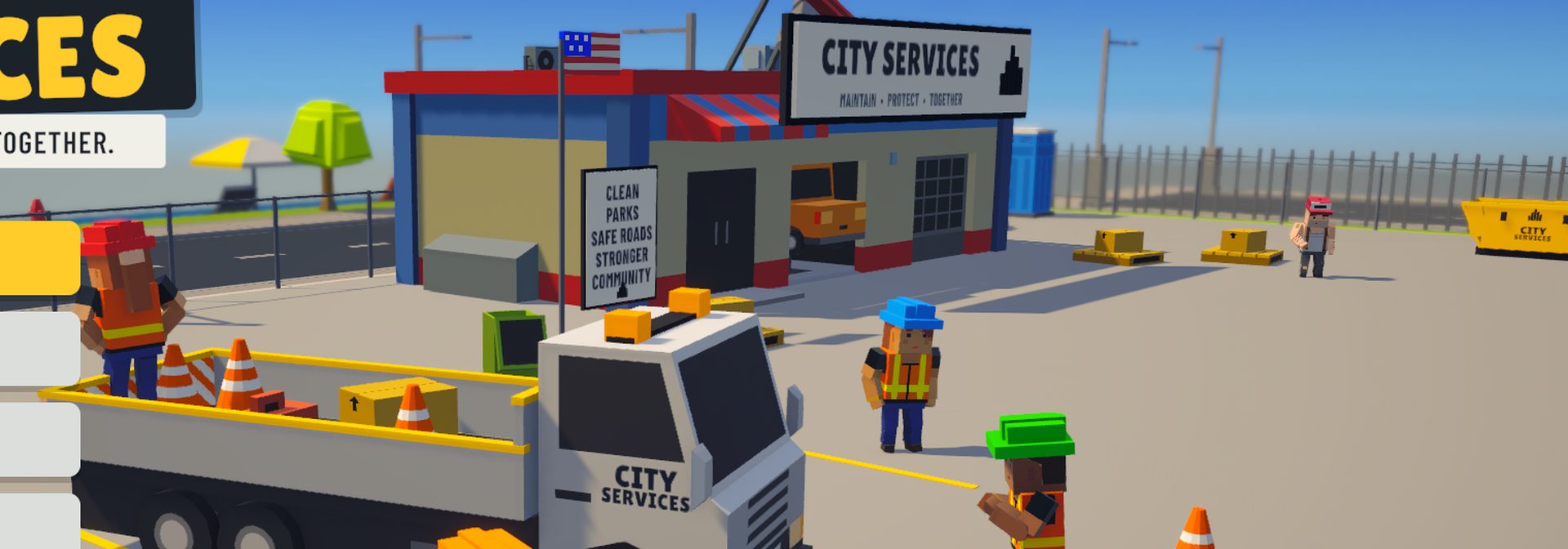 The city yard: the work truck, the depot and the crew in hard hats