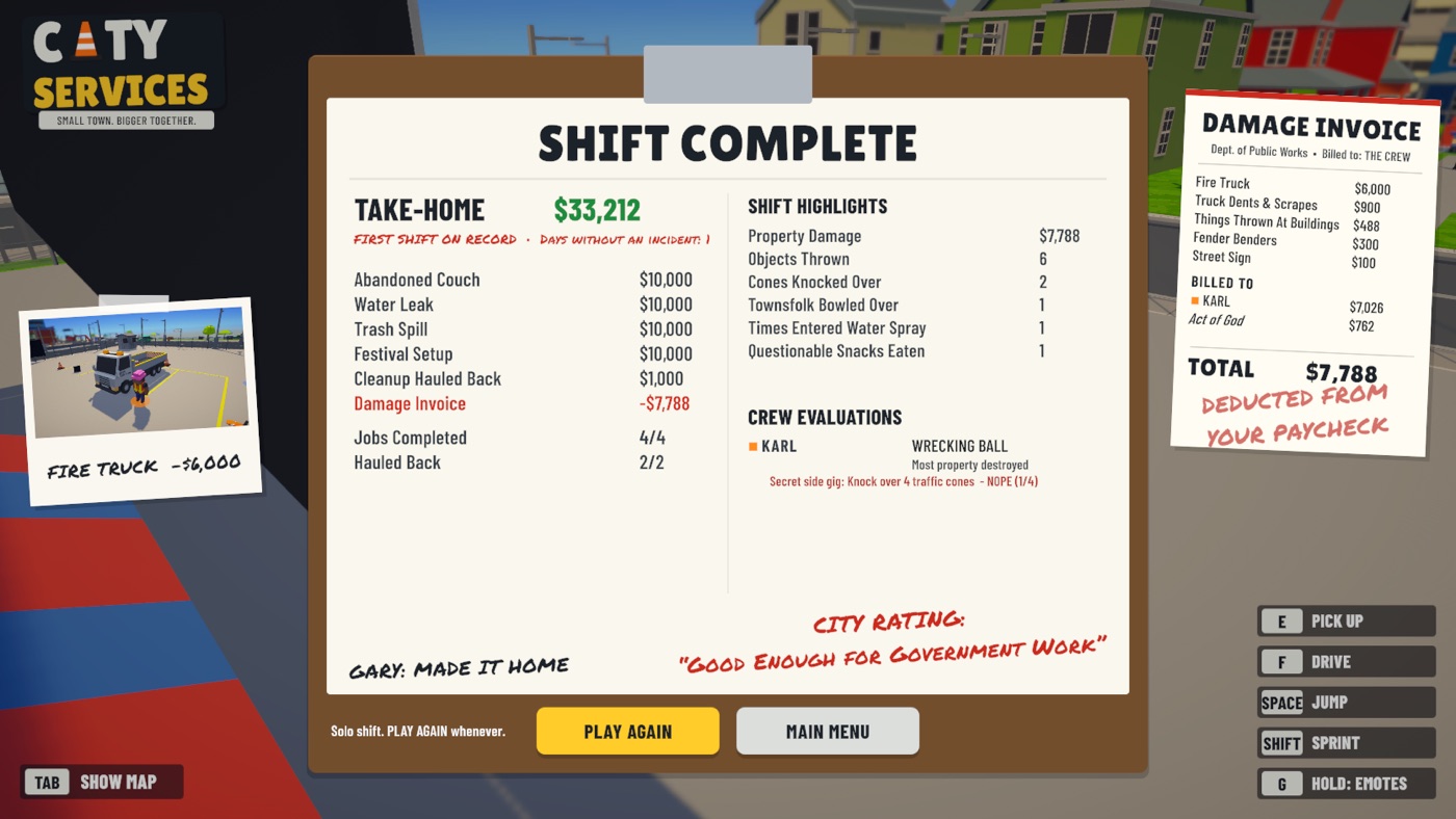 The end-of-shift clipboard: take-home $33,212 after a $7,788 damage invoice, with a polaroid of the fire truck
