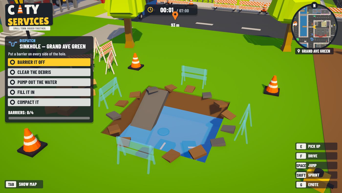 A sinkhole on a park green, ringed with cones and barriers
