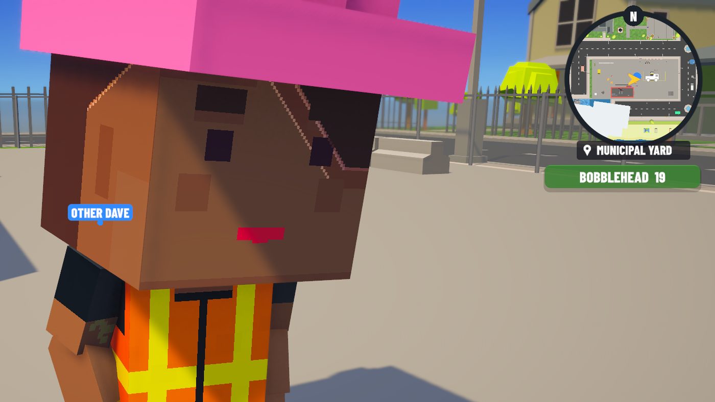 A worker with an oversized head after eating a snack, BOBBLEHEAD timer showing