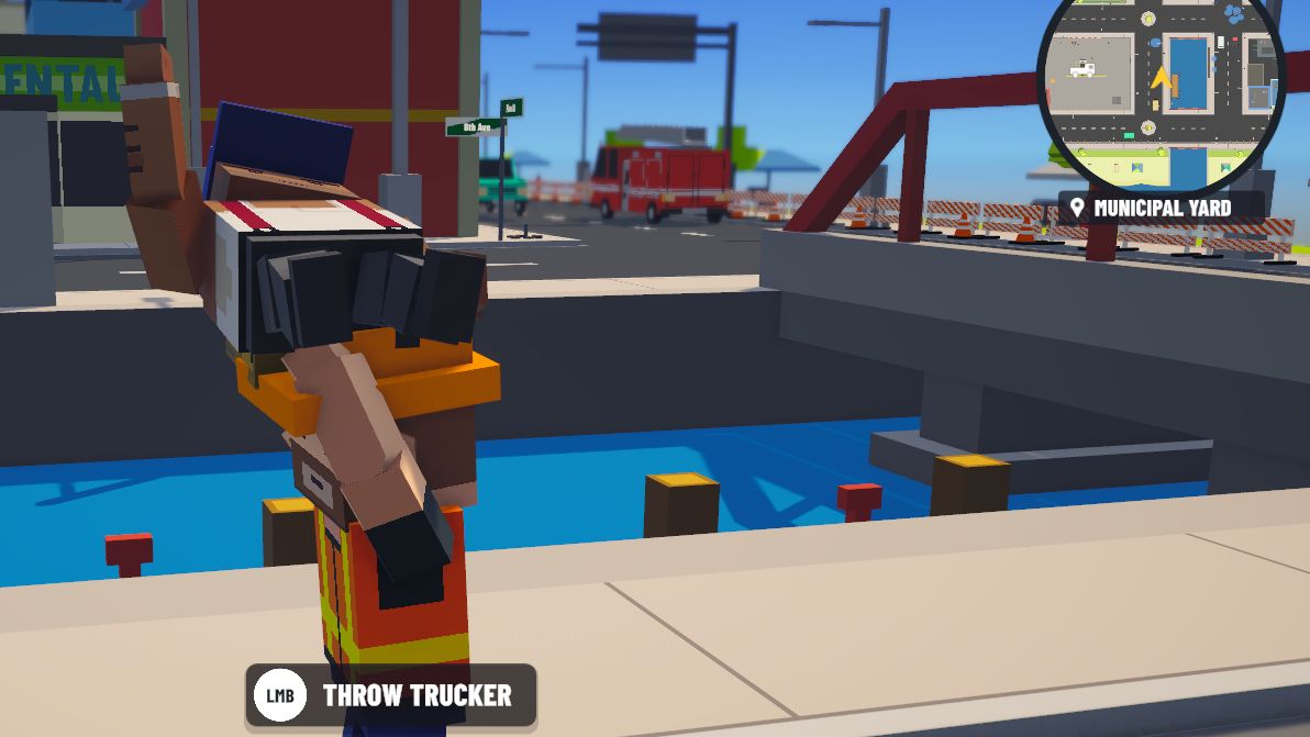 A worker holding a truck driver over his head, with the prompt THROW TRUCKER